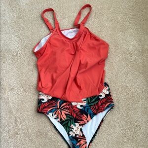 EUC Coral Tankini Swimsuit with Tropical Print